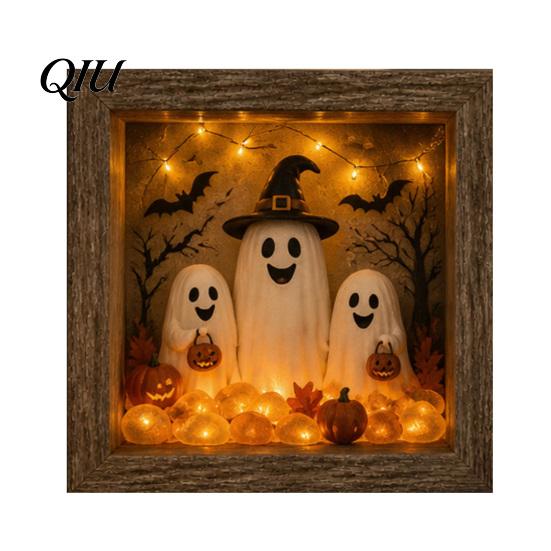 Personalized Halloween Display Shadow Box Frame DIY Lighted Craft Kit, Wooden Night Light with Seasonal Interior Decor Sea Glass Stones, Gothic