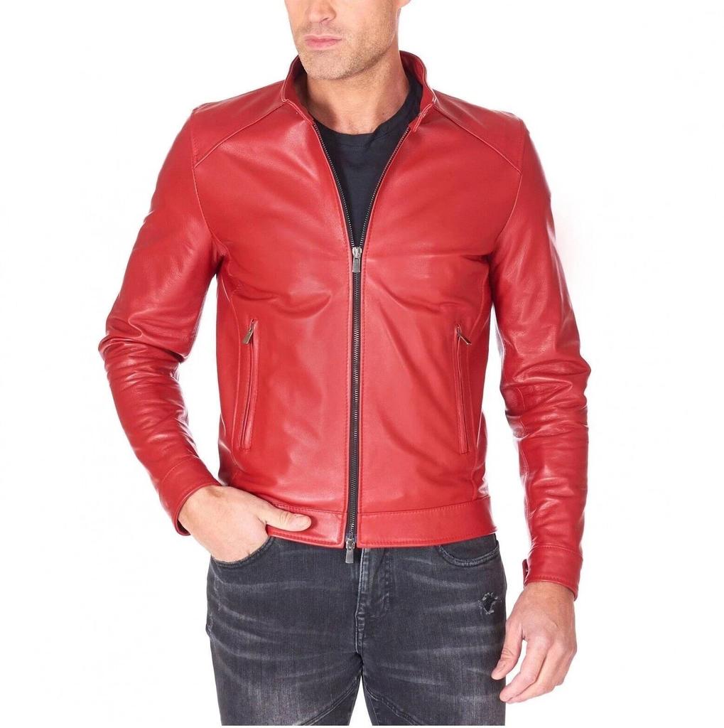 Stylish Casual Handmade Red Men's Leather Jacket Lambskin Genuine Motorcycle Fit