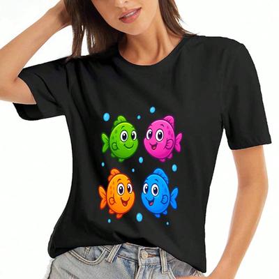 Cartoon-Fisch Damen Baumwoll-T-Shirt, Premium-Baumwolle Hervorragender Druck, Langlebig Und Bequem, Niedliches Lachendes Fisch-Grafikdesign, Lässig Und Stilvoll Für
