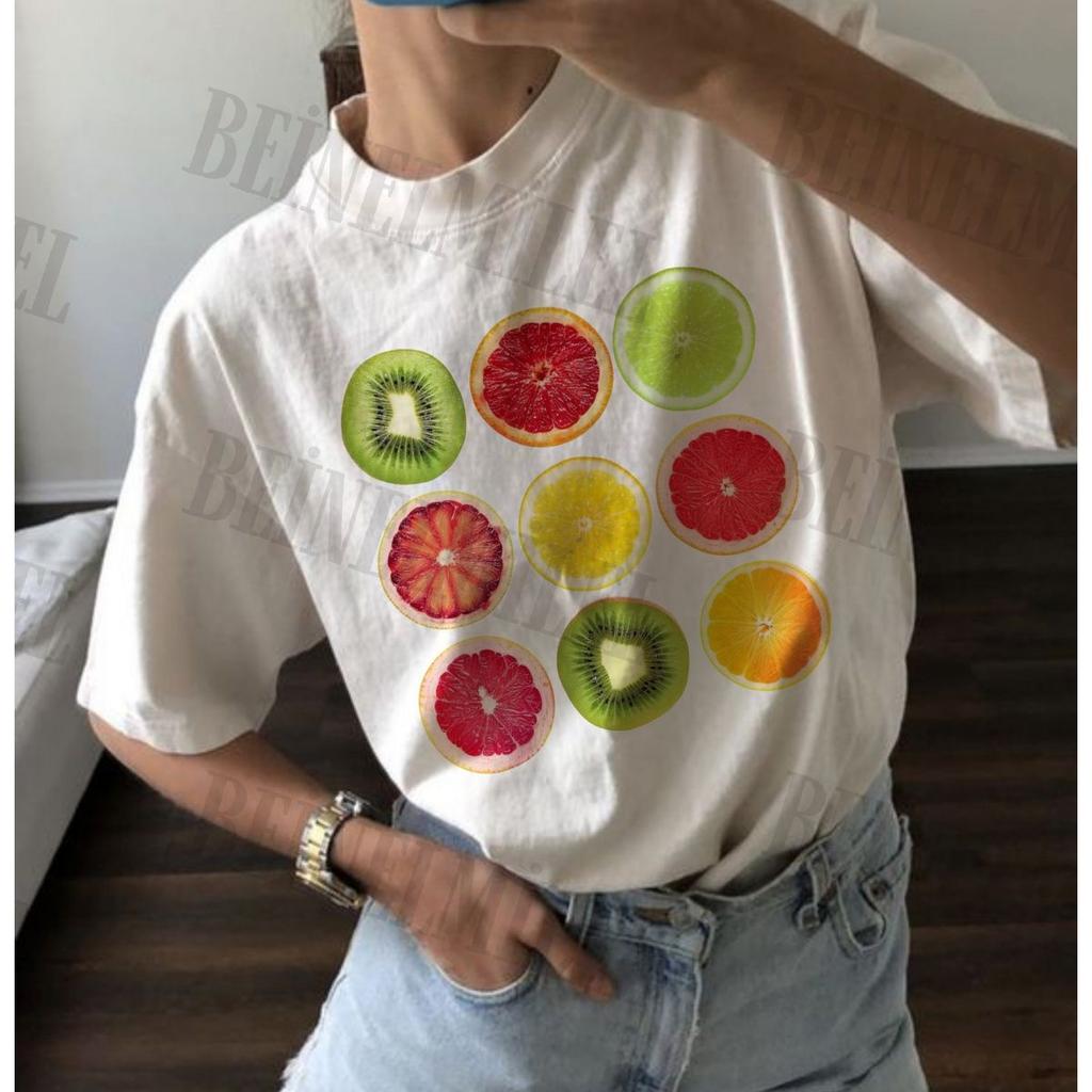 Summer European and American New Fashion Fruit Printing Casual Loose Round Neck Versatile Women's Cotton T-shirt Casual Wear