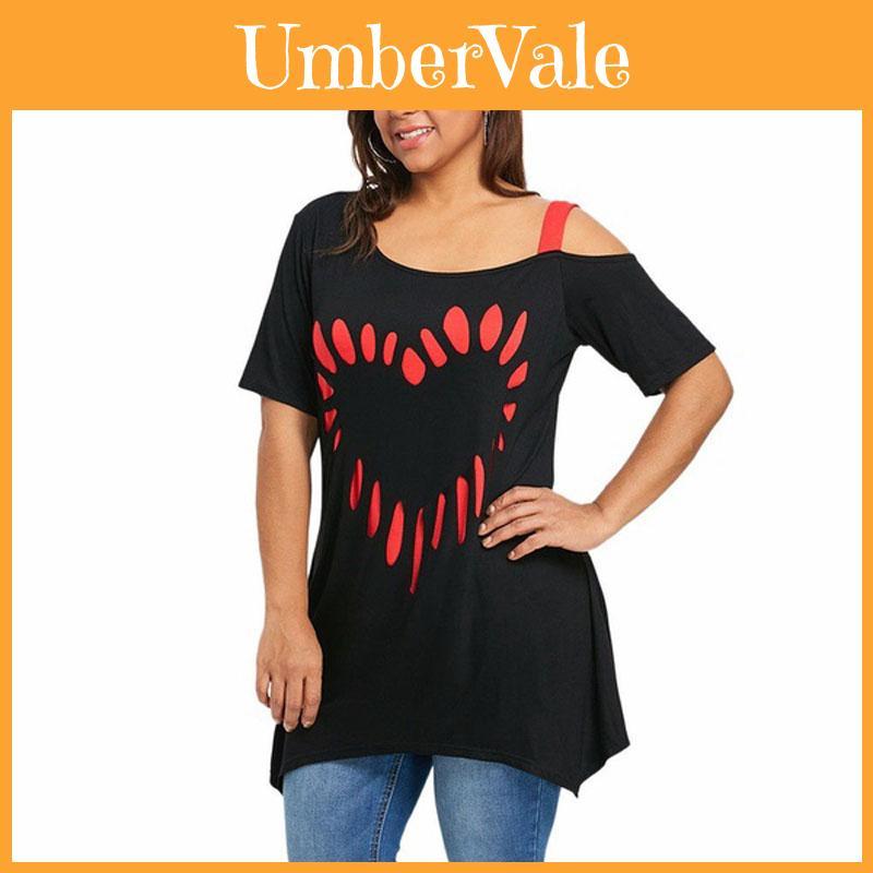 Stylish Womens Fashion Plus Size Off Shoulder Tops With Loose Heart Print Design