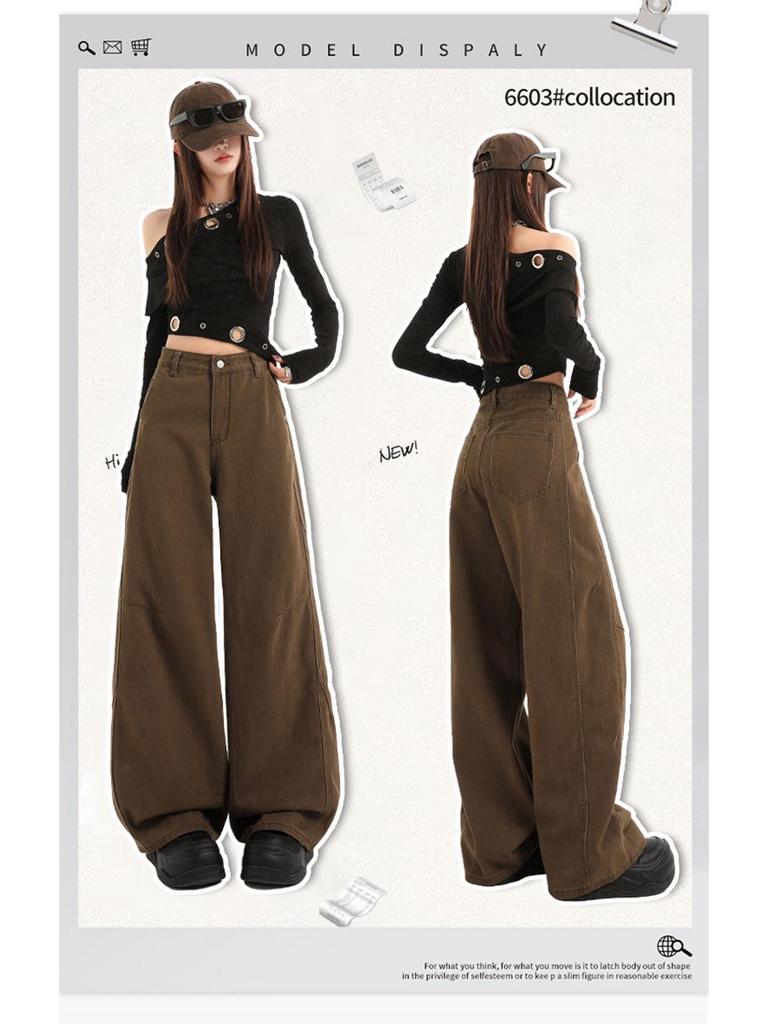 American Retro 2026 High-Waisted Wide-Leg Brown Jeans for Women