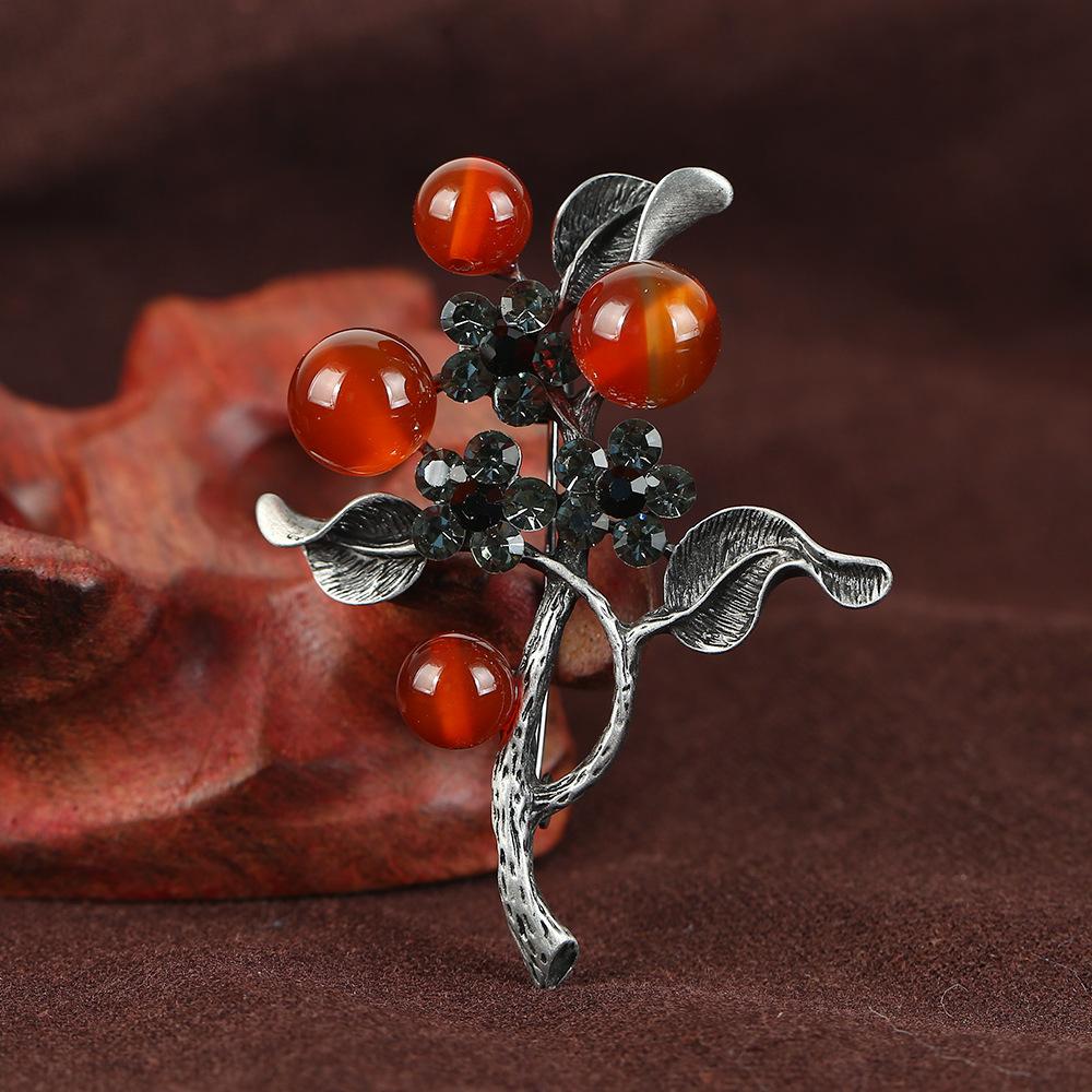 Retro brož z přírodního achátu, špičkový klasický temperament, literární a všestranná rostlinná jehlice, kabát, kardigan, korsážové doplňky