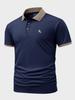 Men's Contrast Mesh Collar Polo Shirt, Equestrian Embroidered Business Casual Short Sleeve Top