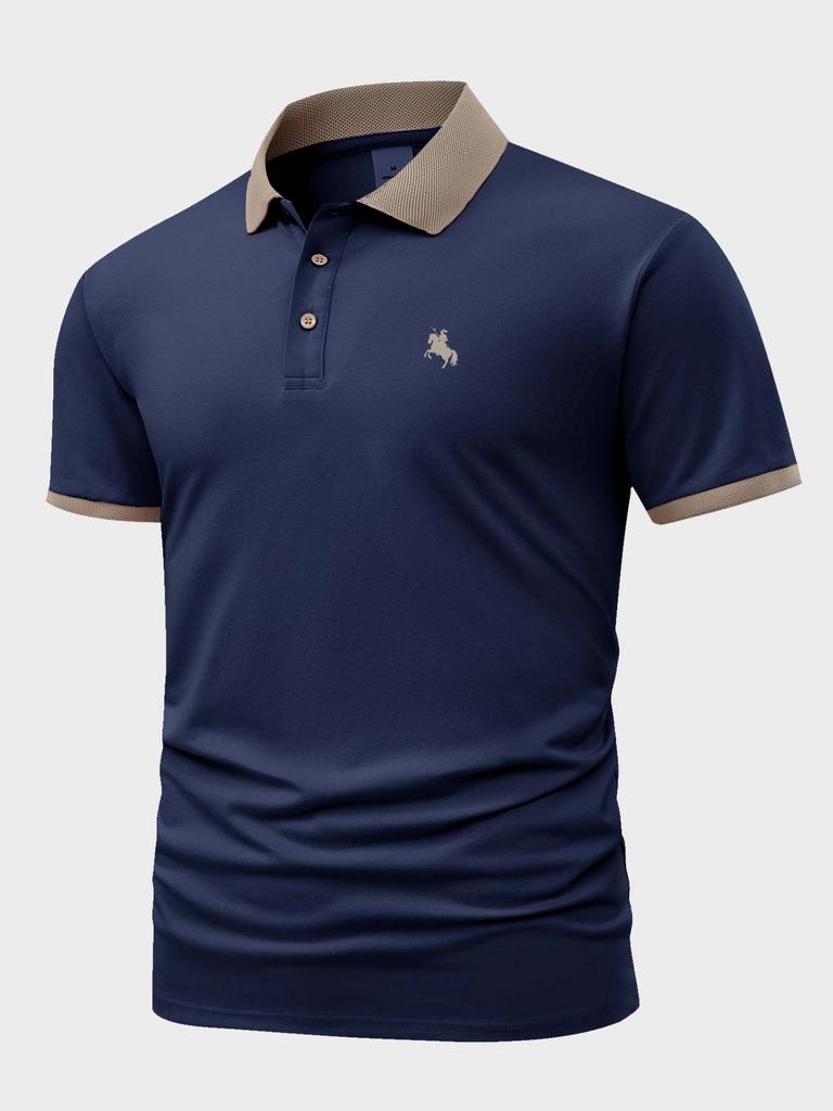 Men's Contrast Mesh Collar Polo Shirt, Equestrian Embroidered Business Casual Short Sleeve Top