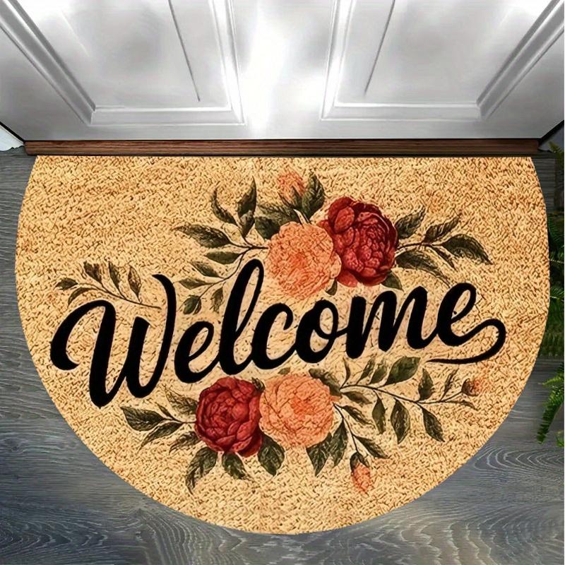 Welcome Floral Doormat Easy To Clean Machine Washable Semi-Circular Entrance Mat Home Decor Rug