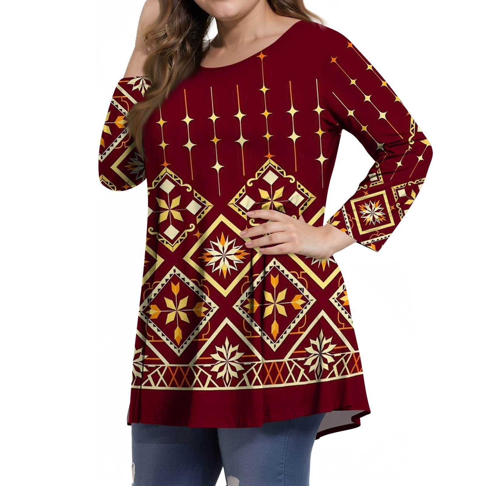 

Women s Fashion Casual Print Round Neck 3/4 Sleeve T-Shirt Top XXXXL винный