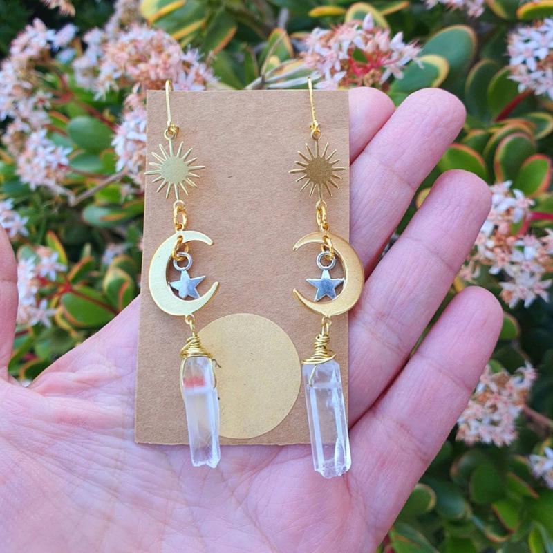 Silver Transparent Quartz Celestial Earrings