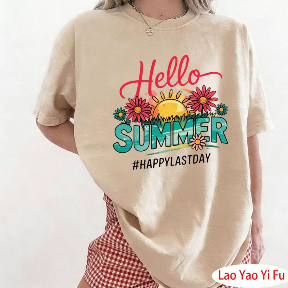 Hello Summer Happy Last Day of School Teacher Student TShirt Lifestyle Enthusiast Tops Colorful Flower Prints Clothes