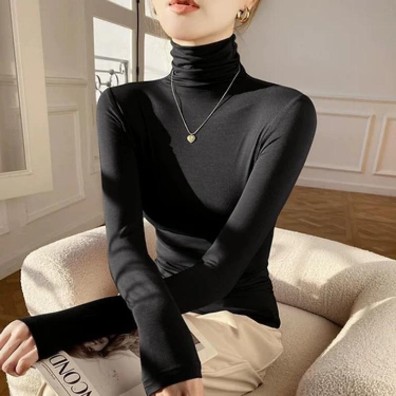 Damen S Hoher Kragen Langarm Figurbetont Koreanischer Stil Basisschicht T-Shirt