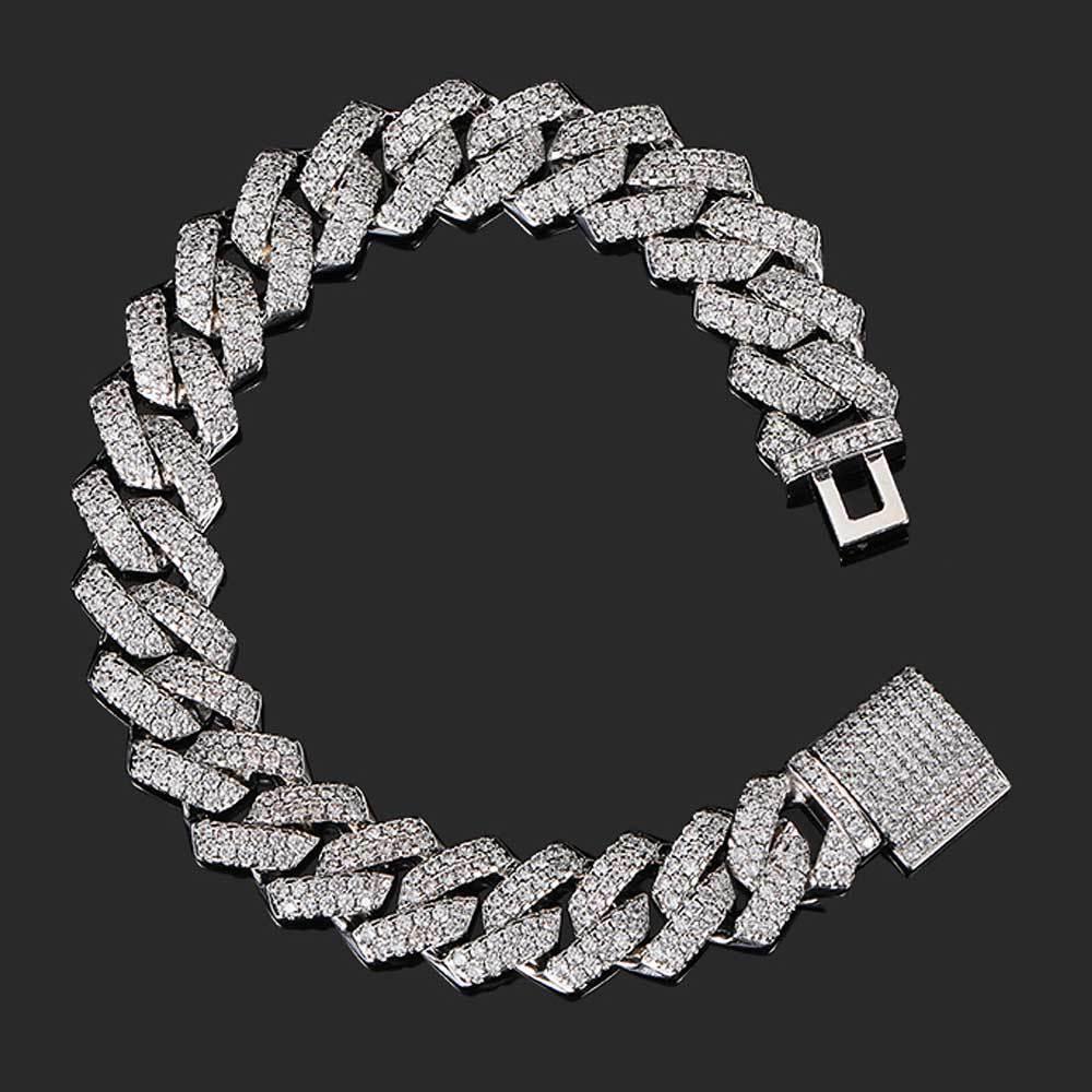14mm Diamantový kubánský řetízek Zirkonový náramek: Evropský a americký hip-hopový styl, trendy pánský barový náramek