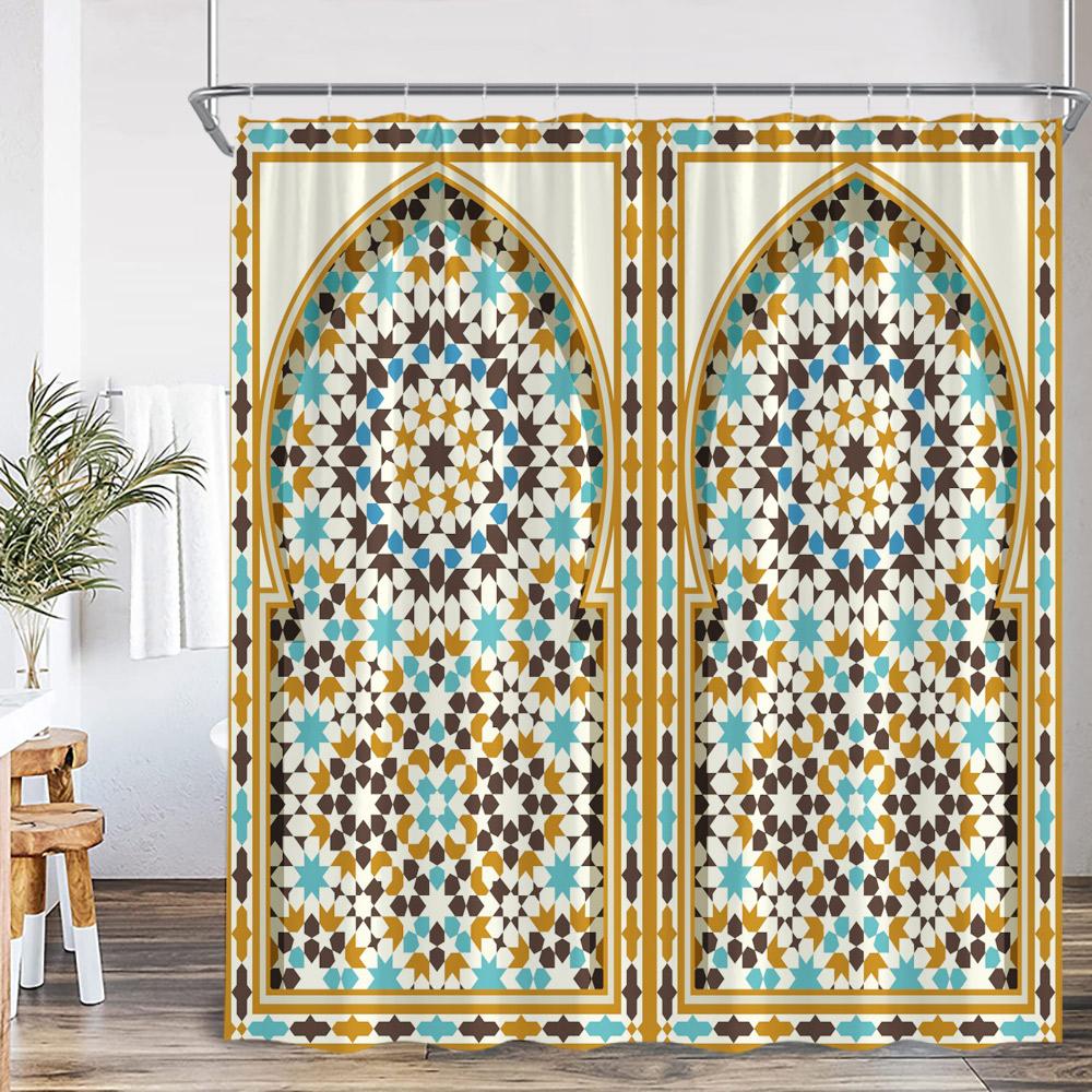 3D Moroccan Vintage Shower Curtain Aged Gate Geometric Pattern Doorway Design Entrance Architectural Oriental Style Bathroom Cur
