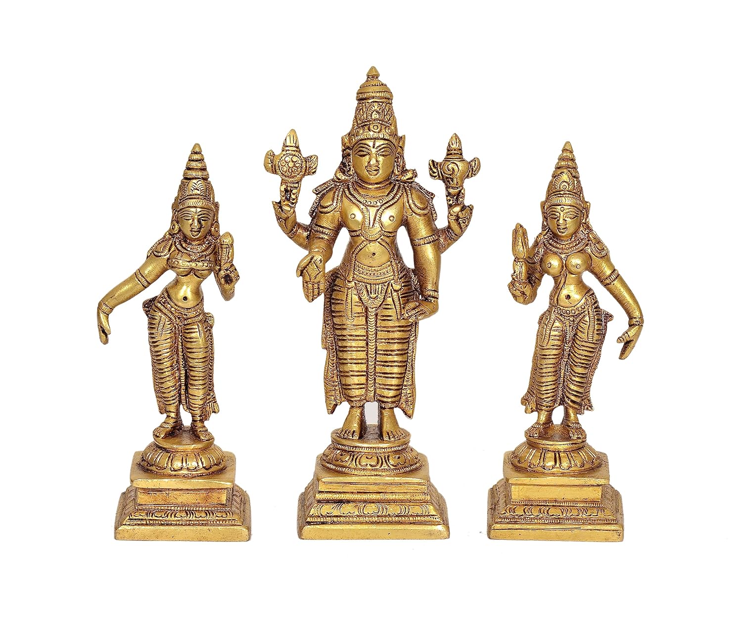 Pure Brass Vishnu Bhudevi Sridevi Statue, Idol For Home Decor, Small - 4 Inches