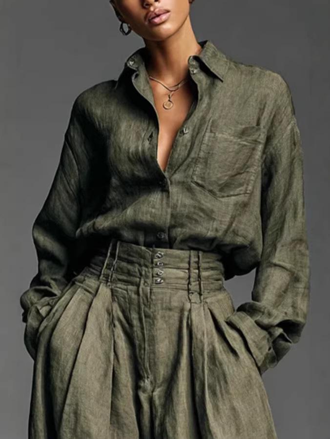 Euro-American Women's Retro Linen-Style Two-Piece Set: Long Sleeve Cardigan & Loose Pants 3057