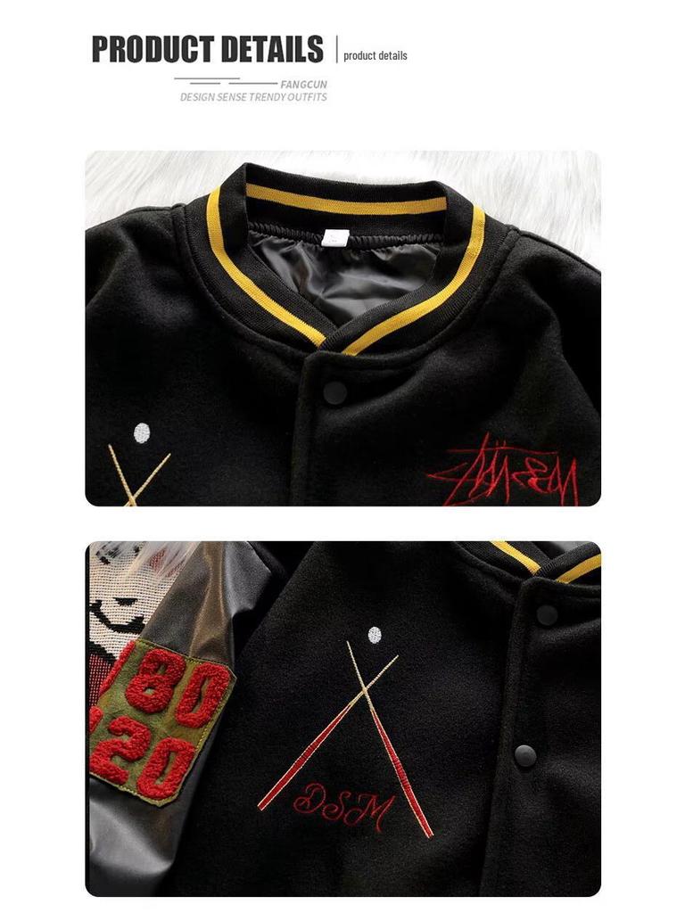 Unisex Classic Black Embroidered Baseball Jacket for Spring/Autumn