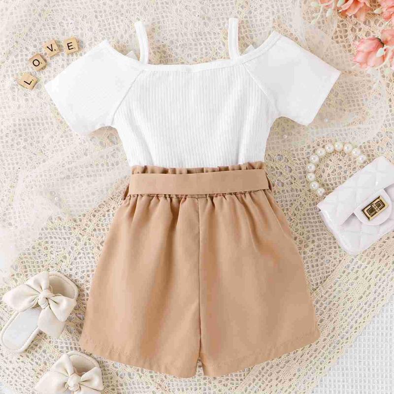 Girls' Fashion Set Summer Children's Strappy Top Cute Bow V-neck Short-sleeved Shirt and Shorts Two-piece Set
