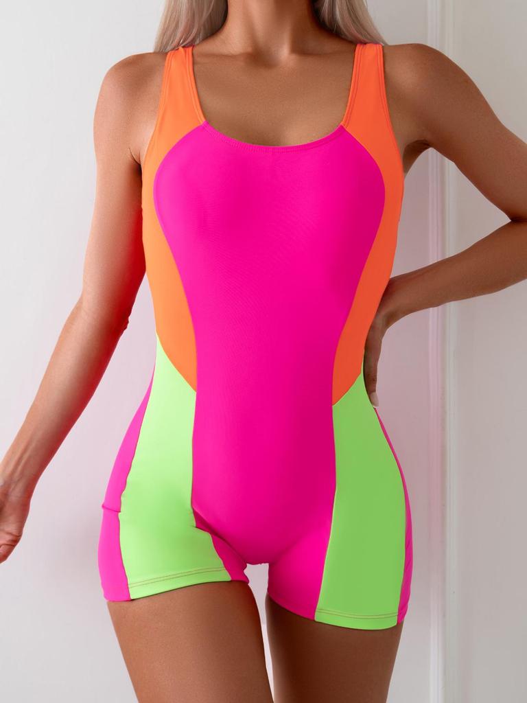 2024 Tri-Color Contrast One-Piece Competitive Swimsuit Shorts - Euro-American Style