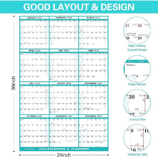 24" x 36" 2026 Wall Calendar, Folded Wet & Dry Erase Wall Calendar 12 Month, Annual Yearly Planner Yearly Laminated Calendar 2026