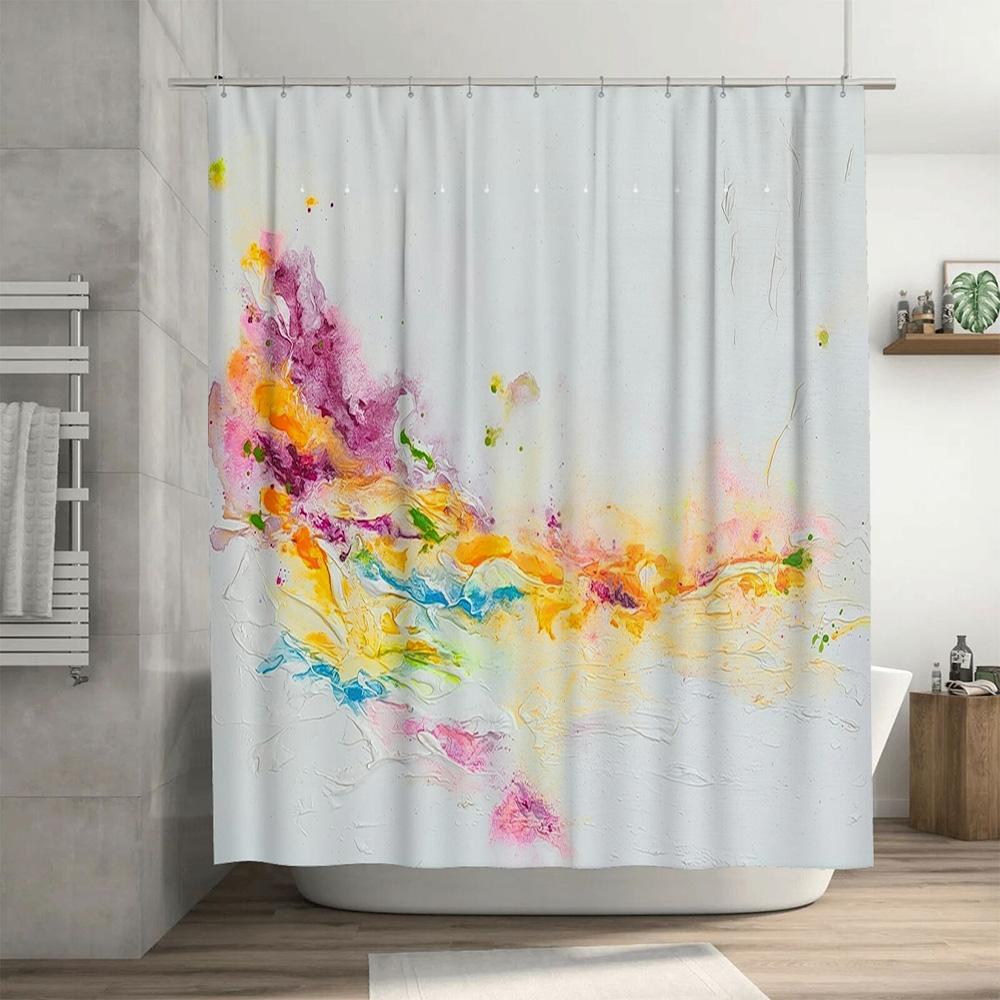 Colorful Watercolor Shower Curtain for Bathroom Decor Modern Design with White Background, Set Includes Rings and Strap Perfect