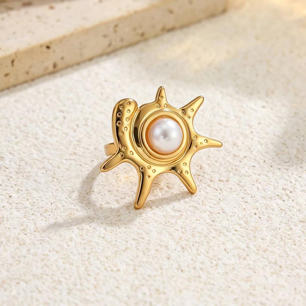 SHIXIN 6Pcs Creative Stainless Steel PVD18K Plated Gold Color Open Rings Women Trendy Imitation Pearl Finger Ring Daily Jewelry