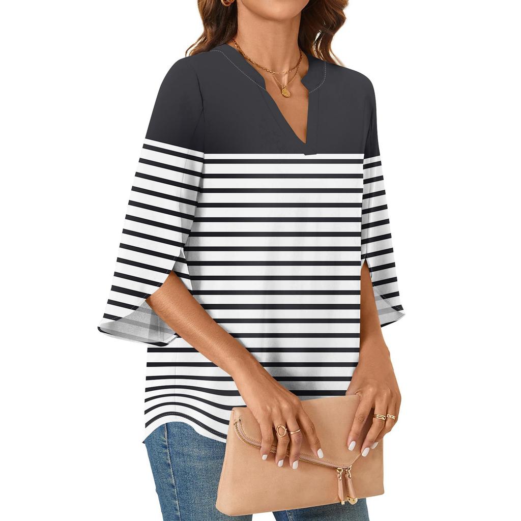 Womens Tops 3/4 Tiered Bell Sleeve V Neck Stripes Printed  Blouses Work Tunic Shirts