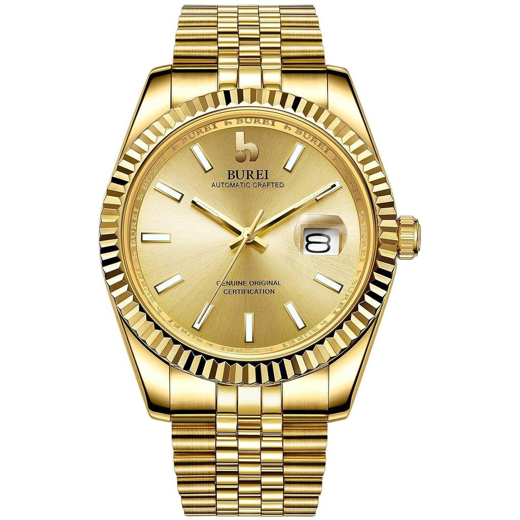 BUREI Mens Wristwatch Automatic Mechanical Waterproof Analog Male Popular Business Date Brand Gold Stylish Simple Luminous Watch