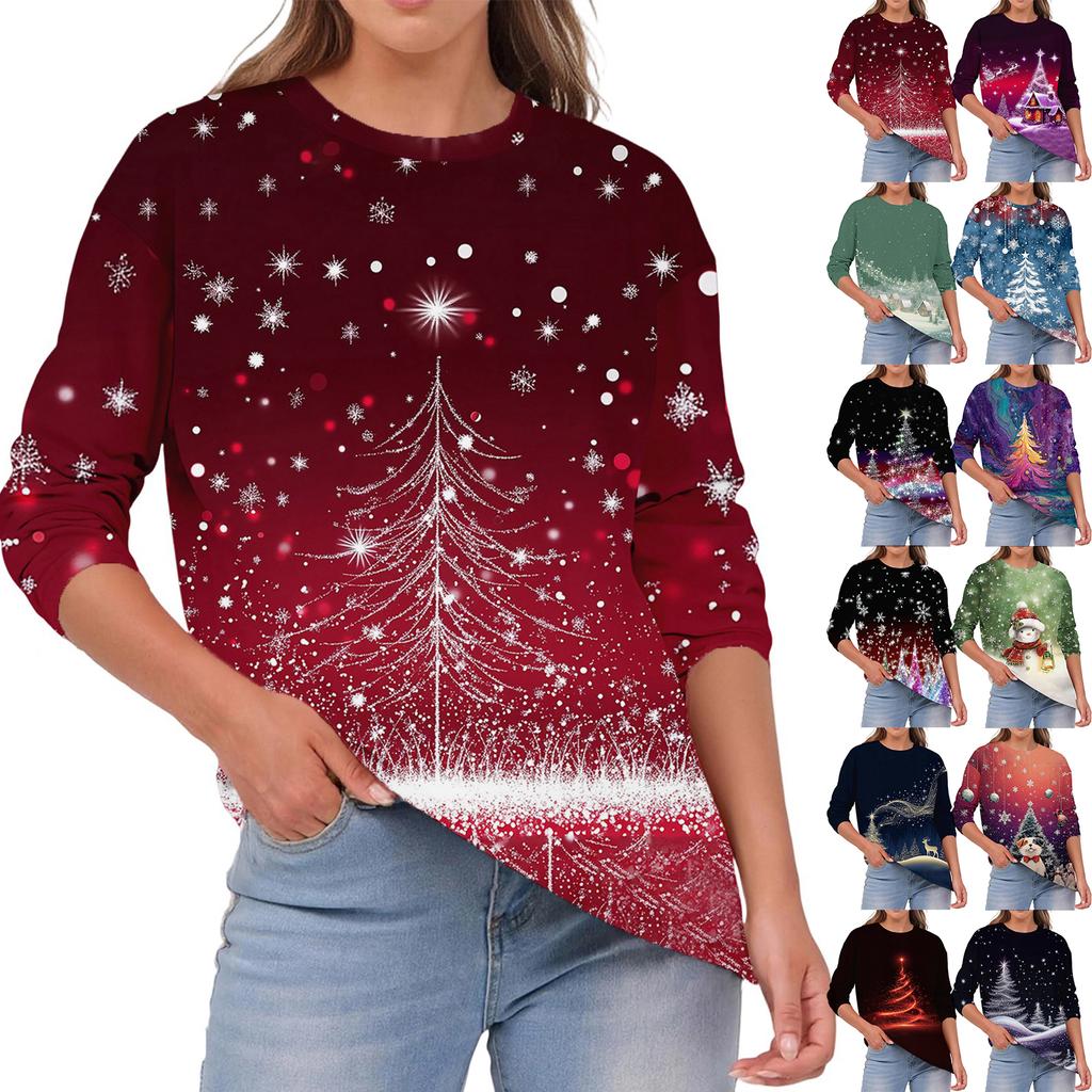 Women's Fashion Casual Christmas Print Round Neck Solid Color Long Sleeve Top