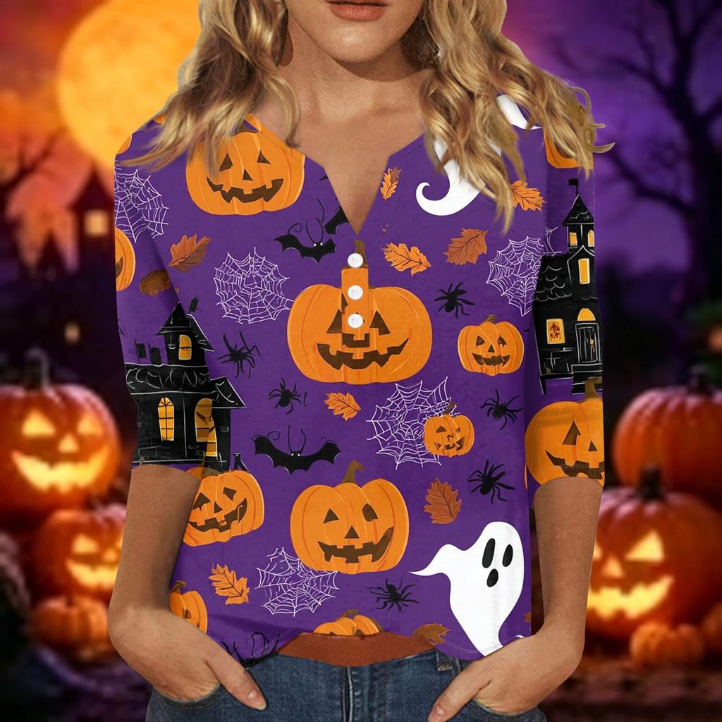 Women Casual Halloween Print V Neck Short Sleeve Button Detail Three Quarter Sleeve T Shirt Top