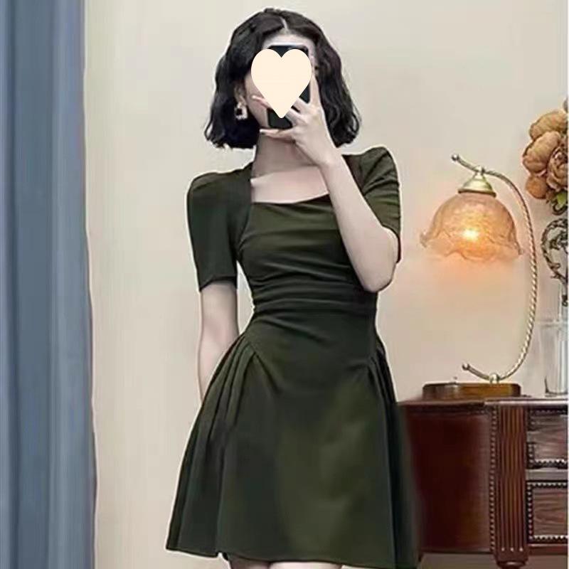 Square collar temperament new niche design sense pear shape large size sweet spicy pure dress women s summer black S