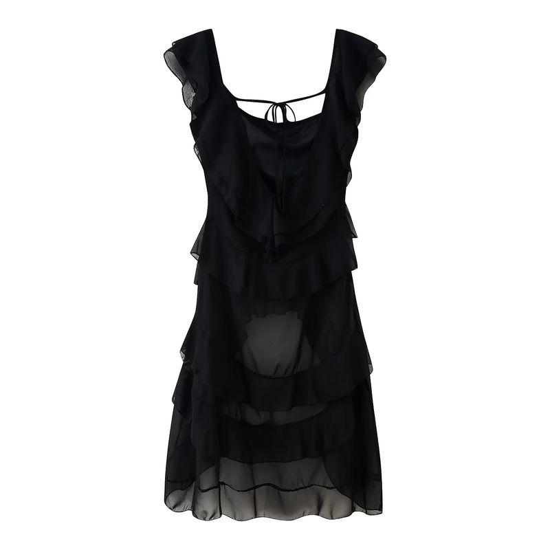 

Summer New Sexy Style off-Shoulder Short Sleeve Ruffles Dress Irregular High Waist Long Braces Dress Black L