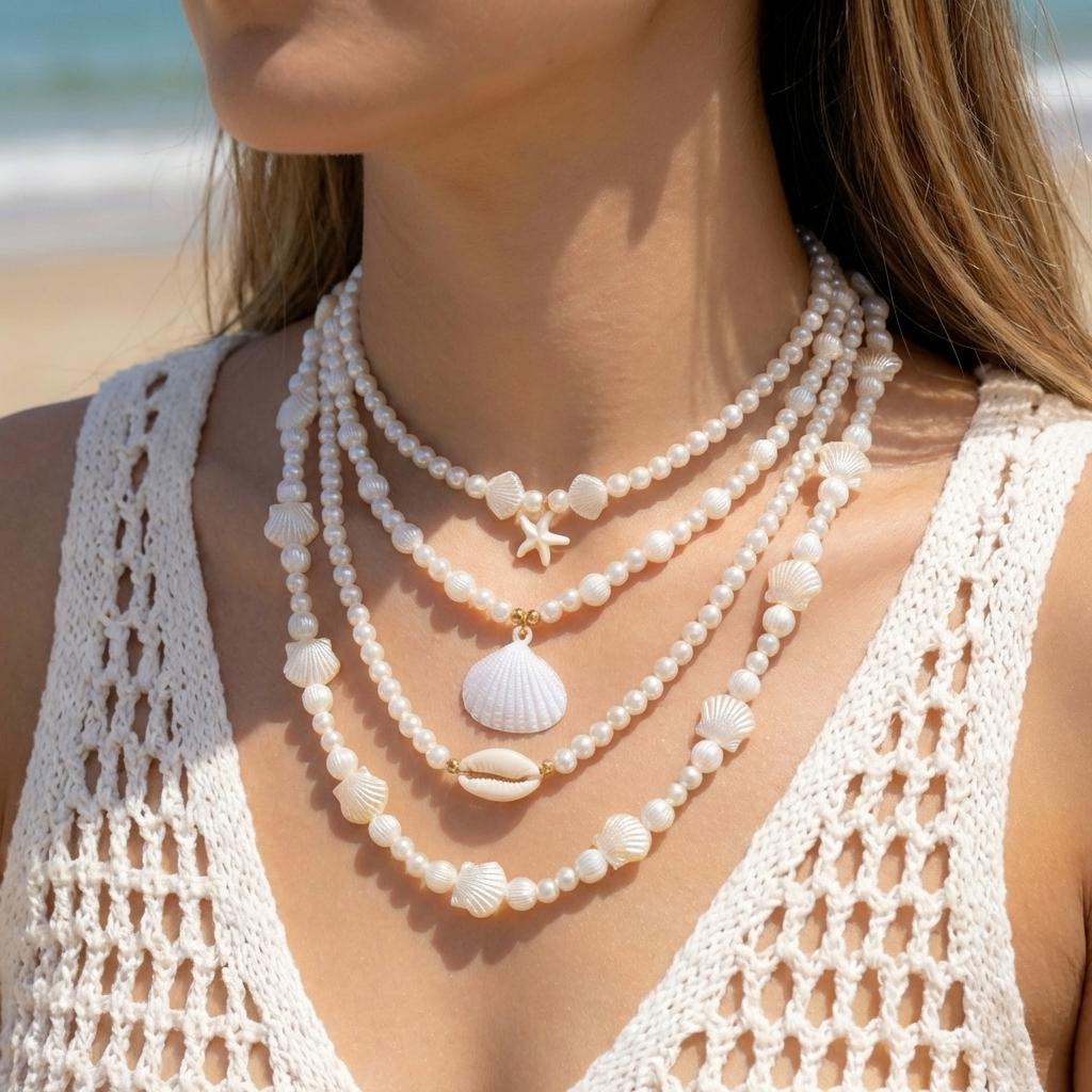 Bohemian Double Layer Seashell Necklaces For Women Handmade White Rice Beads Shell Short Collar Choker Beach Party Neck Zircon