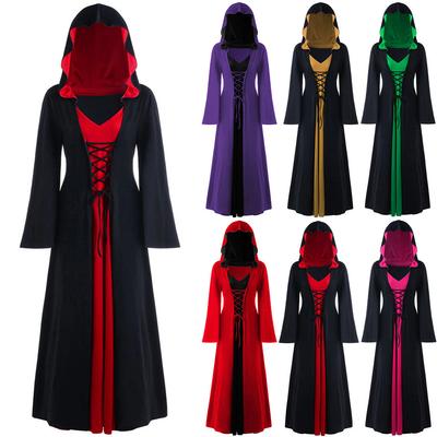 Women Hooded Stitching Halloween Long Sleeve Dress Casual Robe Jacket