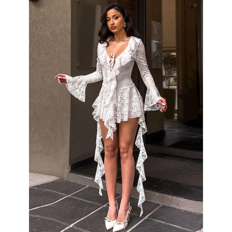 

Elsa European and American Women clothes Spring and Summer New Gyaru Sexy Lace Lotus Leaf Ribbon Long sleeve with Safety Shorts Dress Women White L