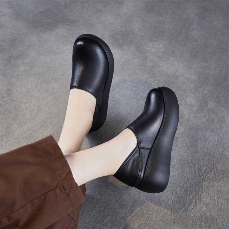 Johnature Genuine Leather Thick Soled Loafers Retro Round Toe Women's Slip-on Flat Platform Shoes