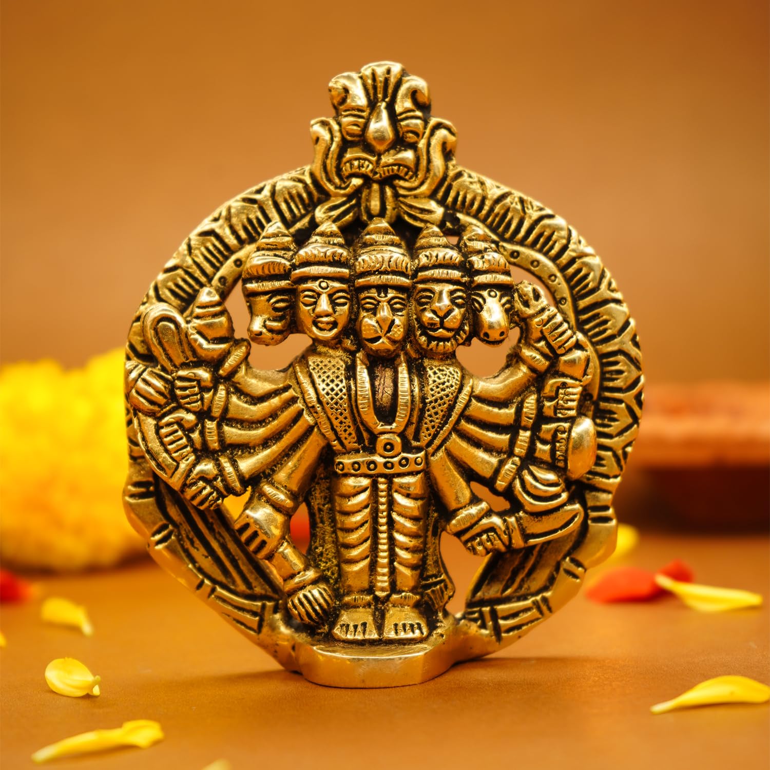 100% Pure Brass Panchmukhi Hanuman Ji Idol, Bajrang Bali Murti, Golden -10 Cm