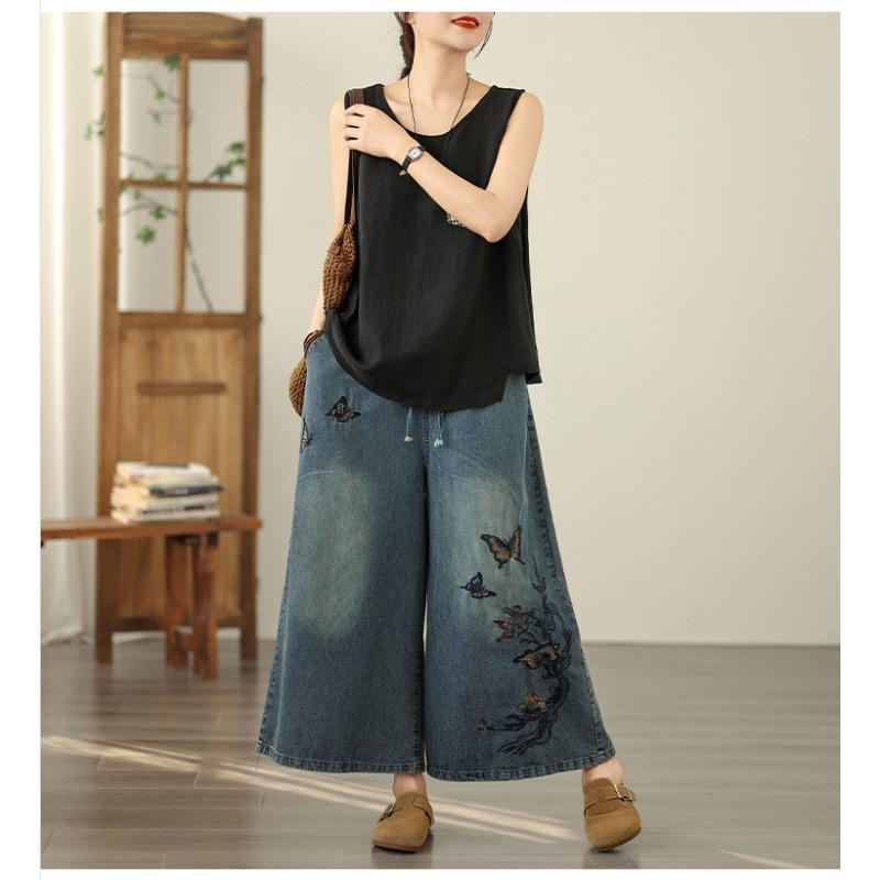 DIMANAF 2026 Summer New Plus Size Women Jeans Elastic Waist Long Pants Embroidery Floral Loose Casual Denim Cotton Trousers Pants
