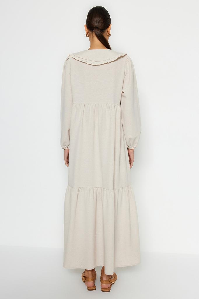 Women's Fashion New Hijab Dress Cinnamon Collar Embroidered Half Patch Linen Look Woven Dress