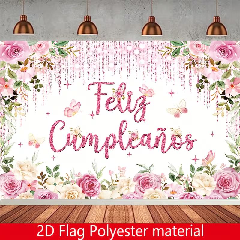 2D Spanish Birthday Wall Decor, Pink Rose Butterfly Feliz Cumpleaños Backdrop