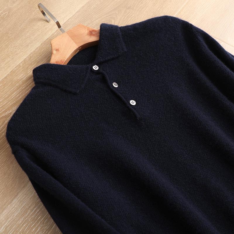Men's Knitted Pure Wool Polo Shirt - Long-Sleeve Turn-Down Collar for Business Casual Wear