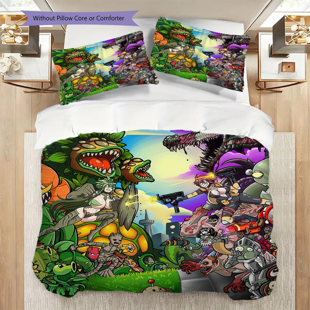 Dinosaur Vs Zombies Epic Clash Three-piece Set (1 * Duvet Cover + 2 * Pillowcase, Without Core) 2D Flat Christmas Birthday Gift