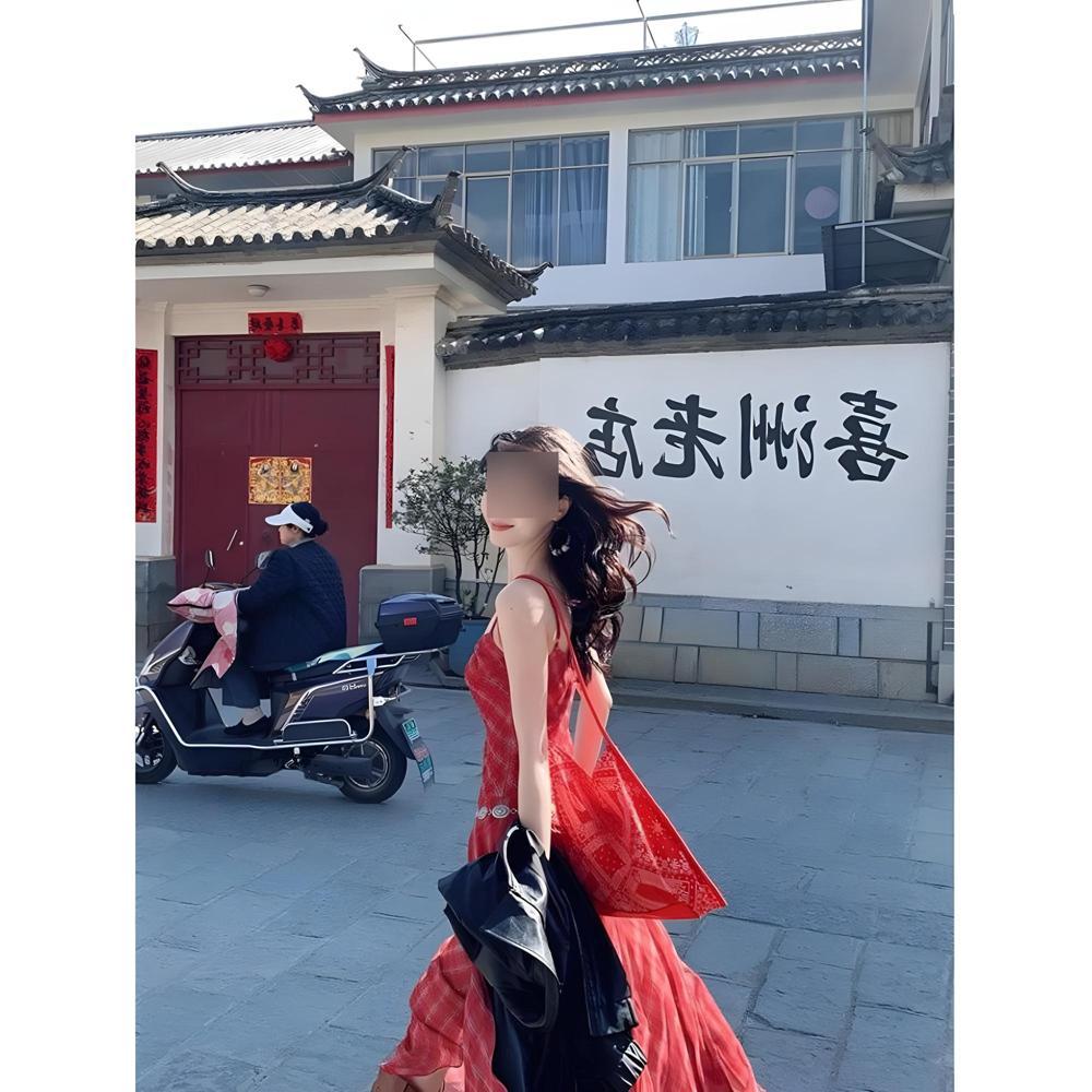 

Temperament travel wear waist thin red plaid long holiday suspender dress women XL- (recommended 110-60kg)