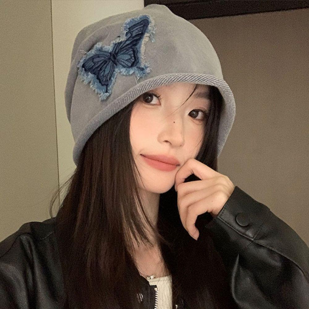 Patch Butterfly Beanies College Style Pullover Hat Soft Retro Skullies  Outdoor