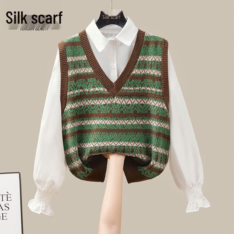 

Women s V-Neck Contrast Stripe Knitted Vest One Size