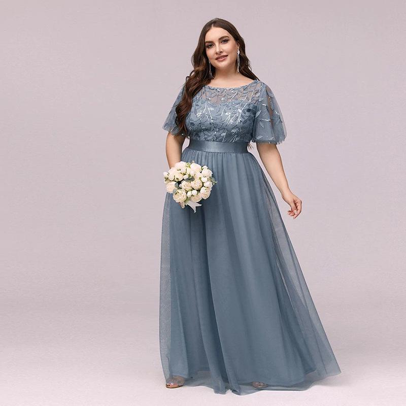Elegant Plus Size Sequin Embroidered Evening Gown with Mesh Hem
