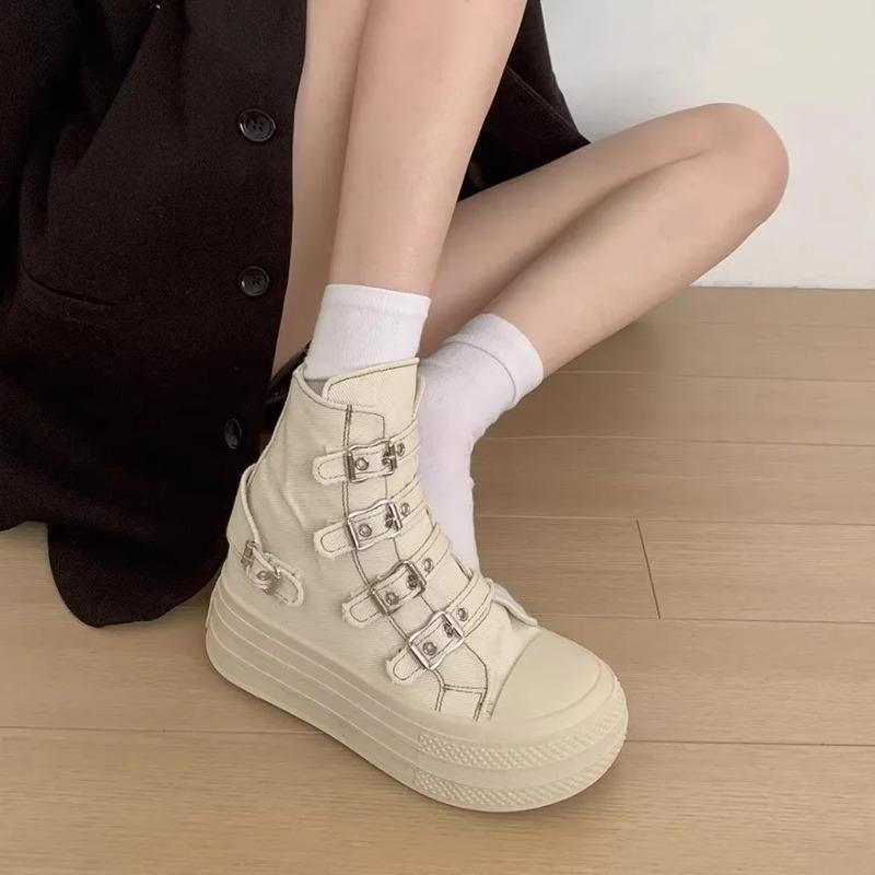 Fashion Women's High Top Canvas Shoe Design Buckle Strap Zip Simplicity Female Shoes 2025 High Street Grace Waling Shoes