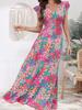 Women Sweet Floral Print Flutter Short Sleeve V Neck A Line Long Vacation Dress