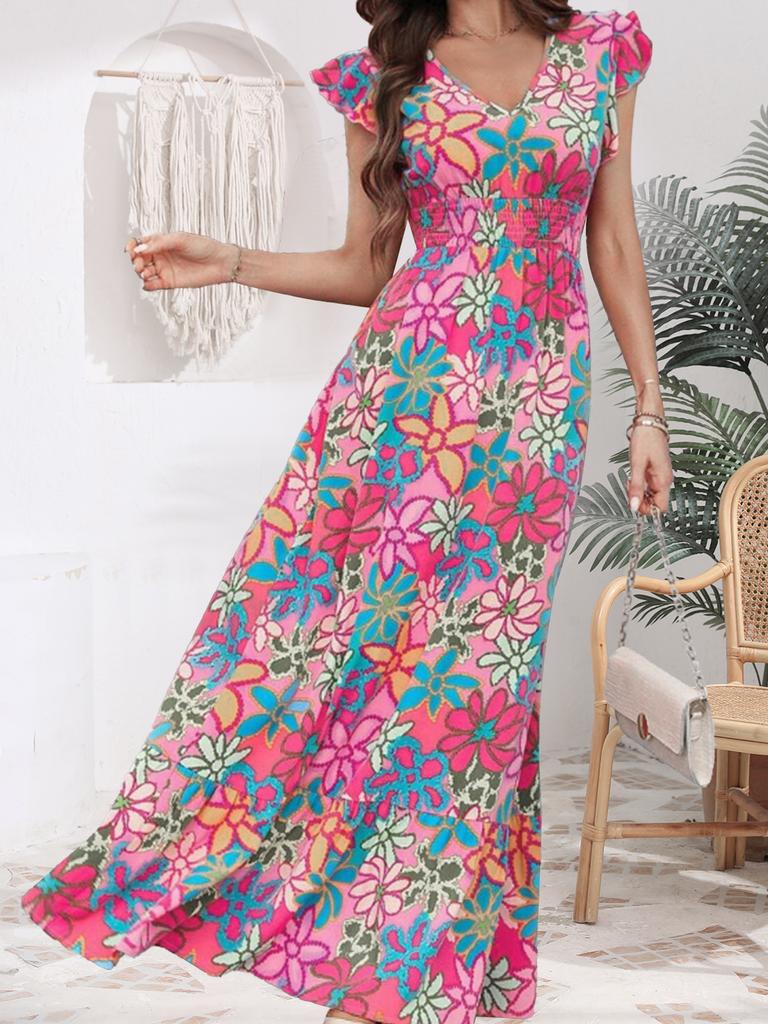 Women Sweet Floral Print Flutter Short Sleeve V Neck A Line Long Vacation Dress