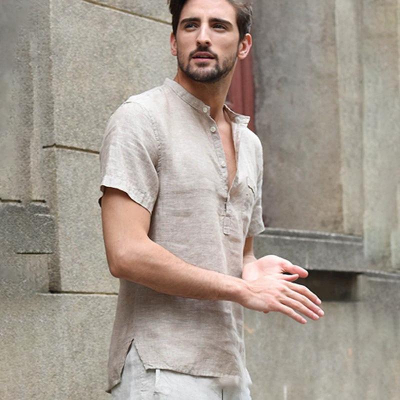 Men's Pure Cotton Casual Short-sleeved Summer Breathable Solid-color T-shirt with Pockets Henry Shirt