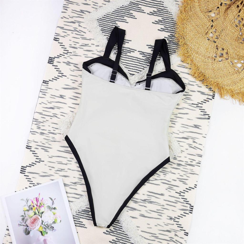 2025 Schicker europäischer & amerikanischer V-Ausschnitt Schwarz-Weiß Colorblock Einteiliger Badeanzug für Damen