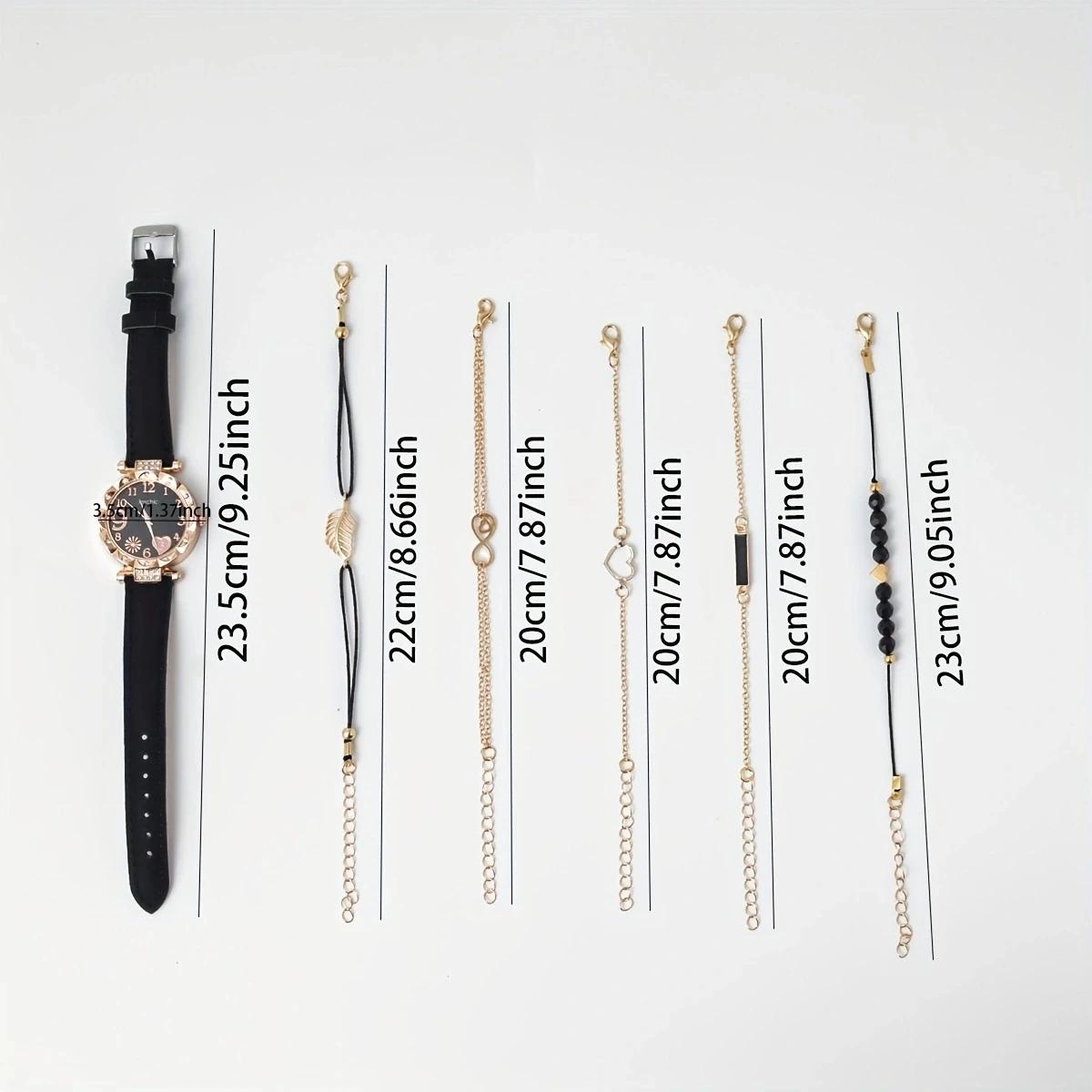 

Набор из 6 шт./компл. - Женский кварцевый набор часов - Аналоговый ремешок из ПУ кожи, акценты из стразов, идея подарка на День святого Валентина для нее